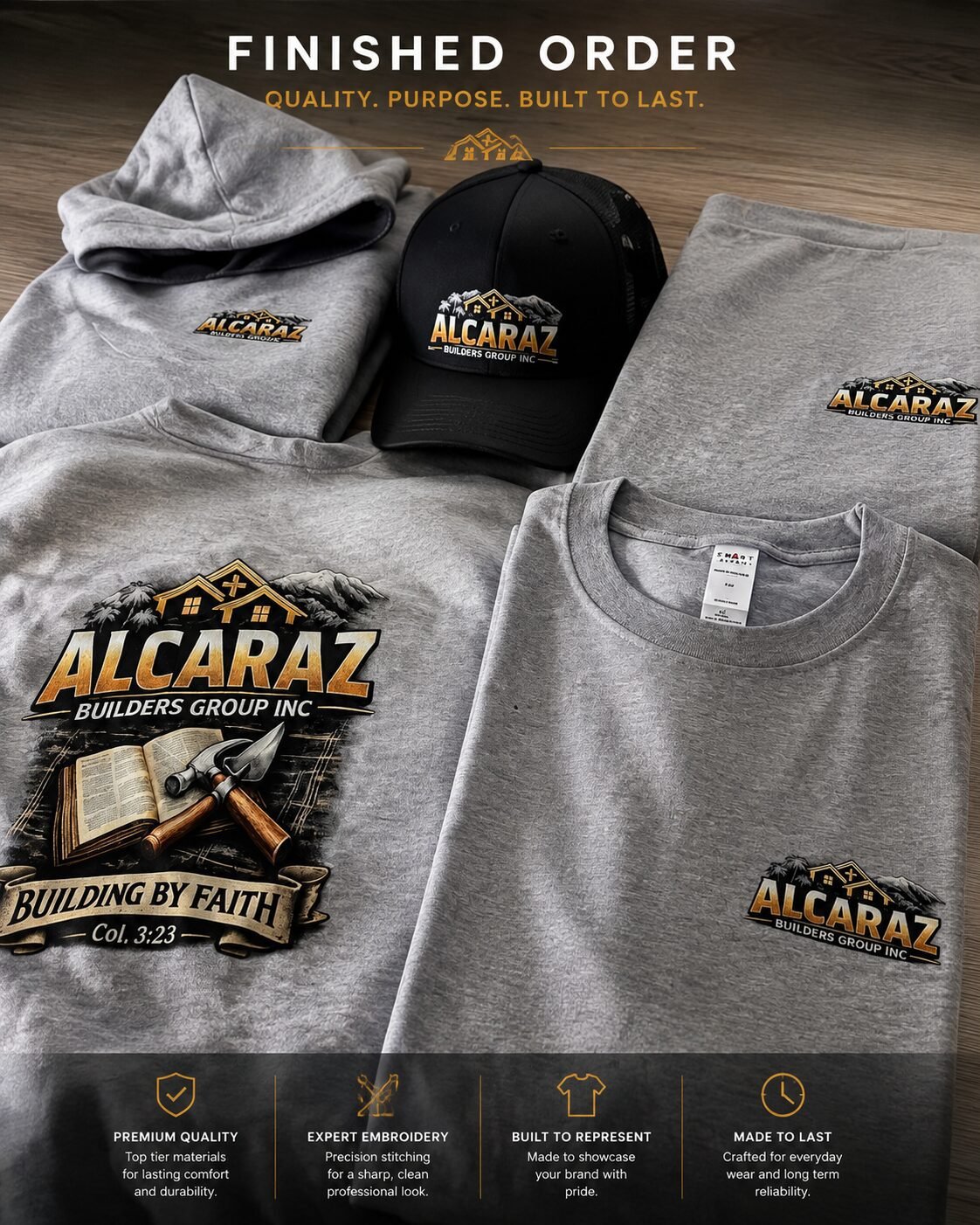 Completed Alcaraz Builders Group apparel package with shirts hoodie and embroidered hat