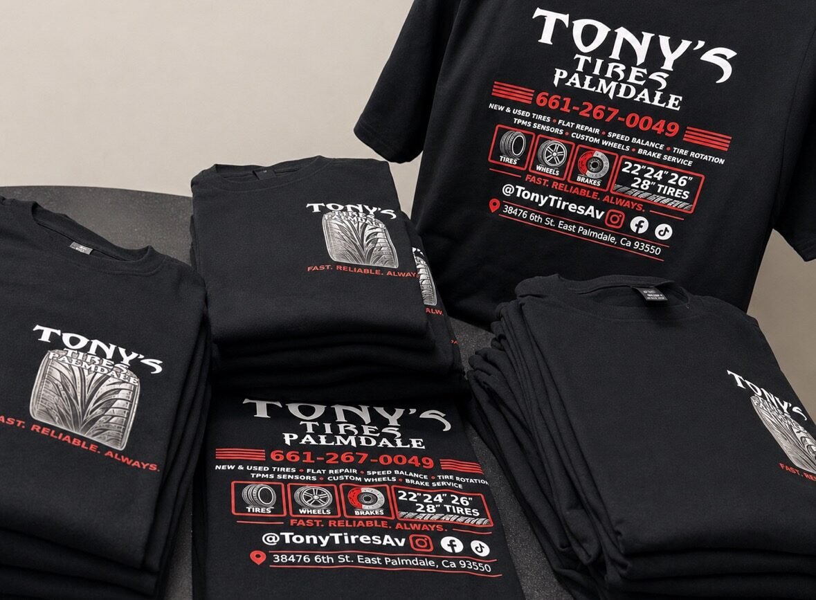 Custom Tony’s Tires business shirts and branding by Hotpressink in the Antelope Valley